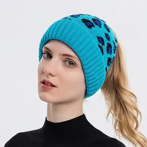 Women Ponytail Knit Beanie Leopard Print Winter Warm Acrylic Hat Soft Ribbed Cuff Fashion Outdoor