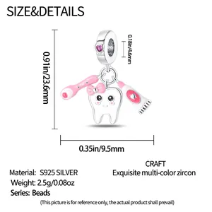 Detailed size specifications for S925 silver dental charms with pink toothbrush and tooth