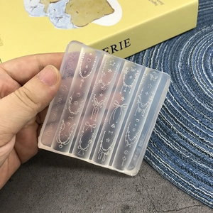 Detailed view of clear silicone mold for DIY nail art featuring creative bead chain patterns