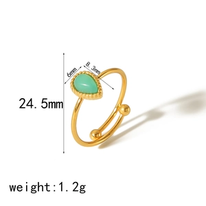 Detail view of adjustable gold ring with green teardrop stone and size measurements