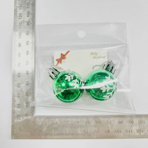 Christmas bulb earrings with snowflake pattern and size reference on white background