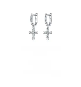 Detailed close-up of 925 sterling silver cross earrings with shimmering white stones