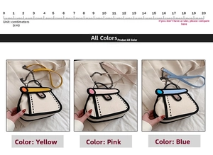 Detailed comparison of 2D cartoon style canvas bags in yellow, pink and blue showing 20cm size