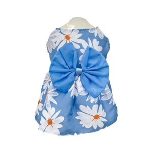 Blue pet summer dress with white daisy prints and a large bow for small dogs and cats