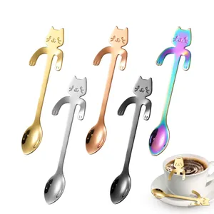 Coffee Spoon 304 Stainless Steel Hanging Cup Design Cat Shaped Dessert Stirring Cute Cartoon Mirror Polished Long Handle