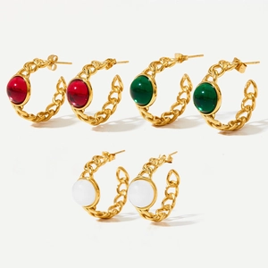 French vintage C-shaped chain earrings with colorful glass stones in gold finish