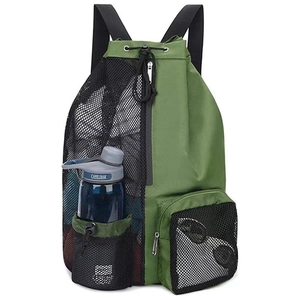 Green mesh drawstring swim bag with front zipper pocket and side water bottle holders