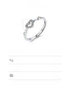 Detail view of s925 silver hollow heart ring with 5x7mm dimensions and weight specs