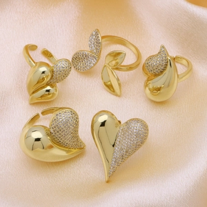 Adjustable Open Ring Copper Zircon Heart Butterfly Water Drop Shape Minimalist Jewelry Gift For Women Gold Color