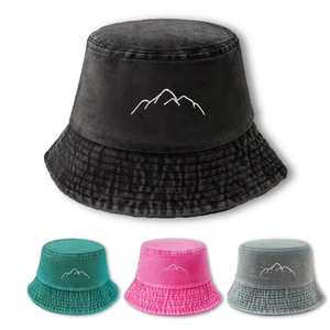 Washed Cotton Bucket Hat With Mountain Embroidery Vintage Wide Brim Sun Protection Outdoor Casual Unisex Fisherman Hat