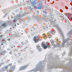 Detail showing cute puppy nail stickers with strawberry patterns on elegant lace background