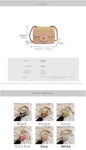 Detailed size specifications for mini straw crossbody bag with PU flap and floral detail