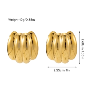 Detailed view of gold plated geometric earrings with size measurements and weight