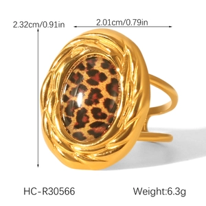 Detail of 18k gold plated stainless steel ring featuring an oval leopard print inlay