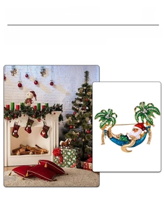 Detail showing Santa Claus in a hammock between palm trees with colorful enamel and rhinestones