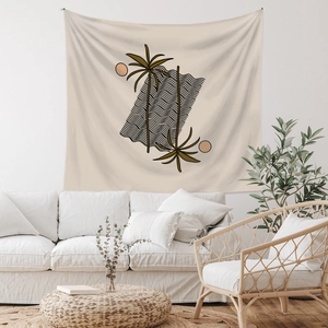 Detail view of Bohemian wall tapestry with abstract palm trees and wave patterns
