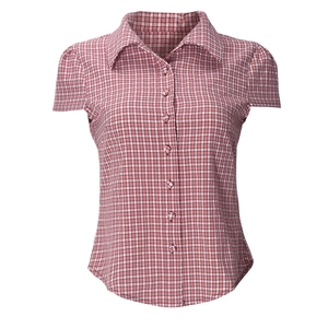 Detail of red plaid blouse featuring a notched lapel and fabric-covered buttons