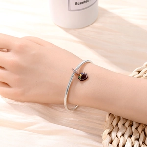 Macro detail of silver snake chain bracelet featuring a dark red heart enamel charm