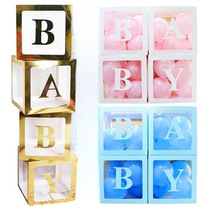 Three styles of transparent alphabet boxes with gold, white and blue frames for party decor