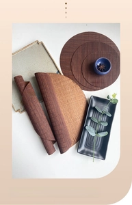 Bamboo tea mat detail showing woven texture and anti-slip cloth backing on reverse side