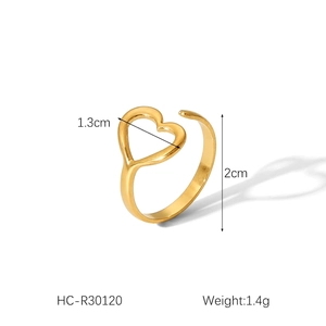 Detailed view showing 1.3cm heart shape design and dimensions of gold open ring