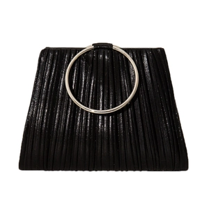 Elegant black pleated evening clutch bag with round silver metal handle on white background