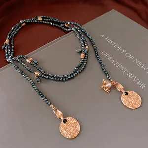 Vintage Layered Long Sweater Chain Necklace With Blue Glass Beads Alloy Bee Coin Pendants Rhinestone And Imitation Artificial Pearl For Women