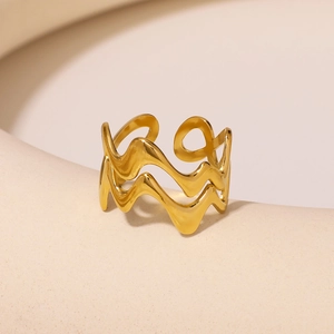 Double Layer Wave Ring Stainless Steel Gold Plated Geometric Open Adjustable Minimalist Fashion Jewelry For Women