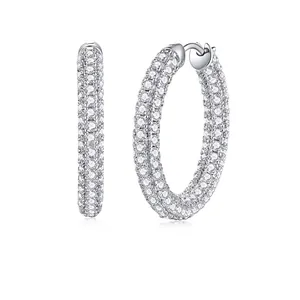 Moissanite Hoop Earrings Sparkling Pave Inlaid 925 Sterling Silver Geometric Round Fashion Jewelry For Women GRA Certified
