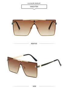 Detailed front and side views of square metal sunglasses with gold frames and gradient tea lenses