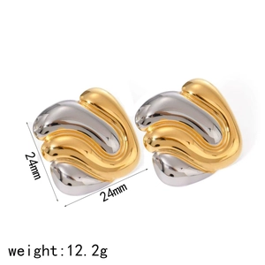 Two-tone 18k stainless steel earrings with abstract wave design, 24mm size