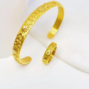 Gold celestial sun moon and star embossed titanium steel open bangle and ring jewelry set