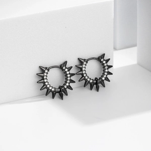 Black S925 sterling silver hoop earrings with white zircons and sharp punk rivet studs