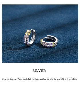 Detailed close-up of S925 sterling silver earrings with multi-colored cubic zirconia