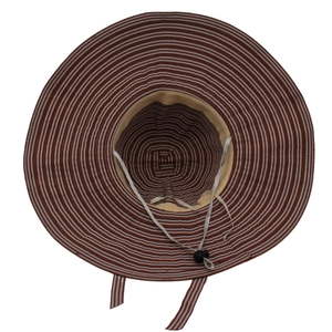 Detail view of the striped sun hat interior with adjustable windproof drawstring and cord lock