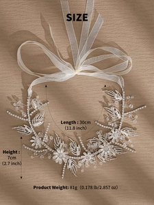 Detail view of crystal bridal headband showing 30cm length and 7cm height measurements