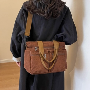 Corduroy Tote Crossbody Bag Multi Pocket Large Capacity Retro Casual Handbag For Women