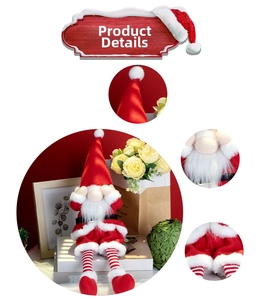 Detail view of plush Christmas gnome showing red hat, white beard and striped long legs