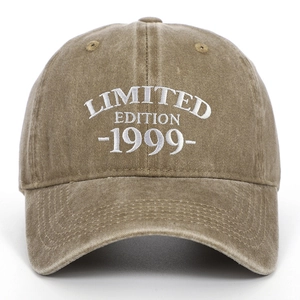 Frontal view detail of a washed cotton baseball cap with Limited Edition 1999 embroidery