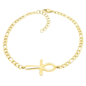 Elegant gold Ankh cross Figaro chain bracelet on a clean white background