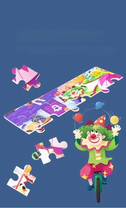 Detail of 24-piece wooden clown puzzle showing thick pieces and vibrant printed graphics