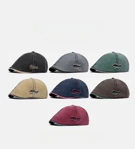 Collection of vintage washed beret caps in seven colors with Natural side embroidery