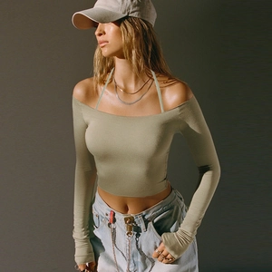Damen Schulterfrei Halter Langarm T-Shirt Rippstrick Slim Fit Crop Top Sexy Street Style Pullover