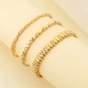 Fashion Stainless Steel Bangle Bracelet 18K Gold Plated Geometric Oval Leaf Cubic Zirconia Inlay Luxury For Women