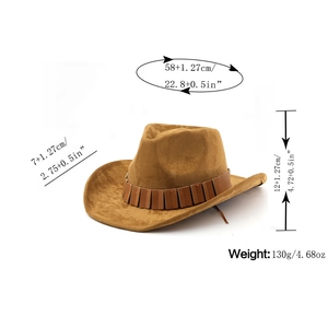 Detailansicht brauner Cowboyhut aus Wildleder mit Maßen für Krempe und Kopfumfang
