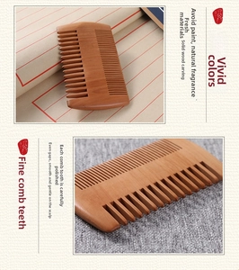 Detailed macro view of dual-sided peach wood comb showing wide and fine teeth textures