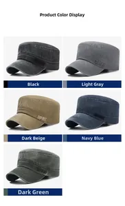 Collage of five washed cotton flat top military caps with SPIRIT side embroidery