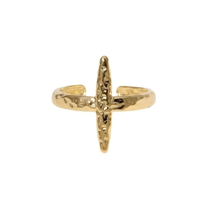 Minimalist gold stainless steel cross ring with hammer texture and adjustable open band