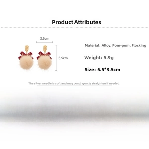 Detailed view of hairball earrings showing material specs and flocking bow design