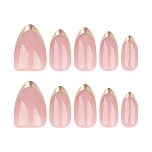 Classic almond-shaped press-on nails with pale pink base and champagne gold French tips